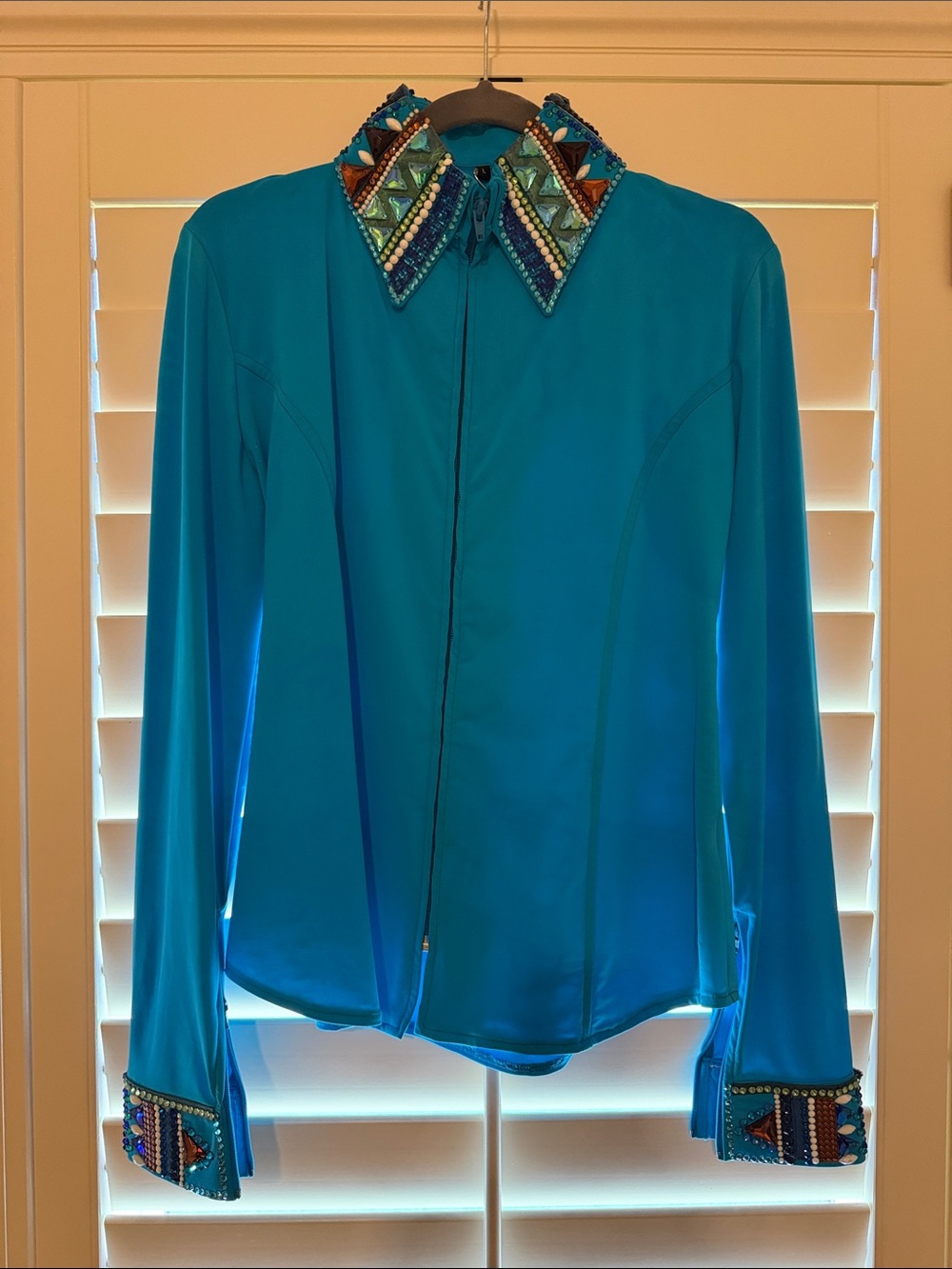 Embellished Collar Turquoise Button-Down Blouse